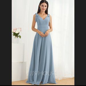 JJ's House A-Line V-neck Chiffon Bridesmaid Dress With Bows Size 8 Dusty Blue